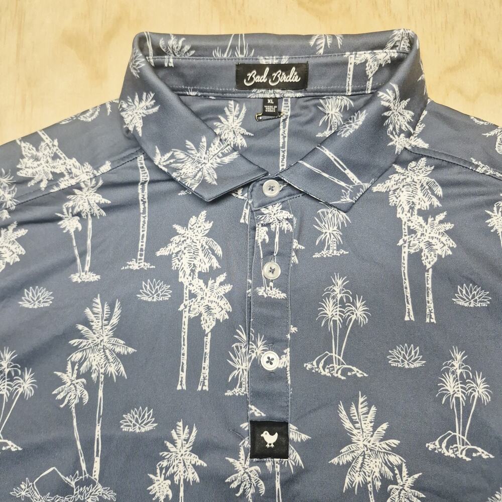 Bad Birdie Polo Shirt Mens XL Blue Palm Tree Tropical Golf Performance Stretch